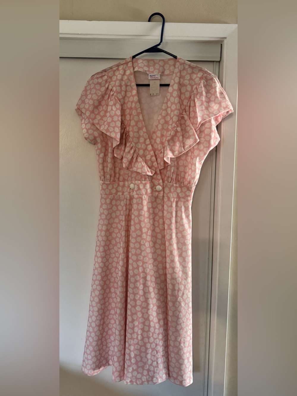 Vintage-Inspired Pink Ruffle Midi Dress